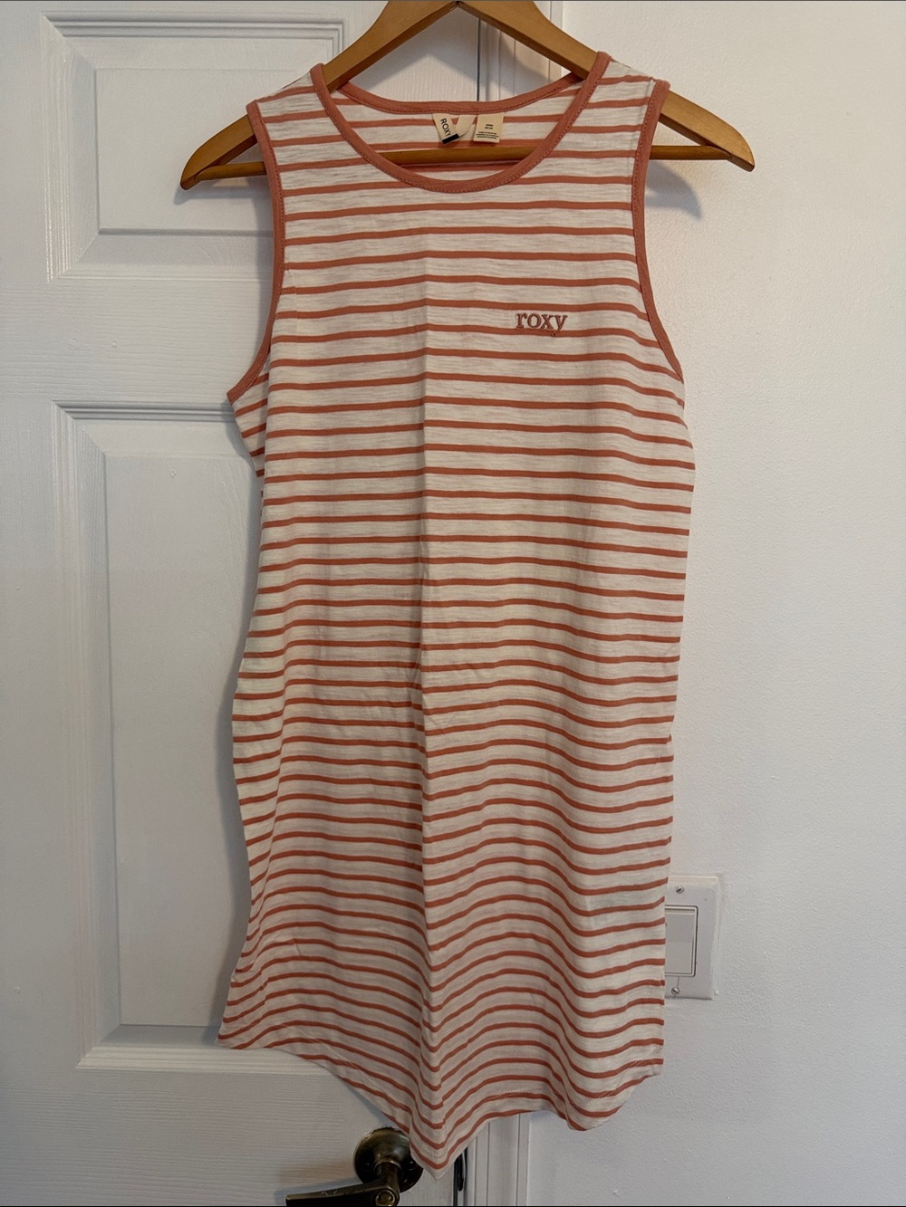 Roxy Sleeveless Striped Tank Dress in Coral and White